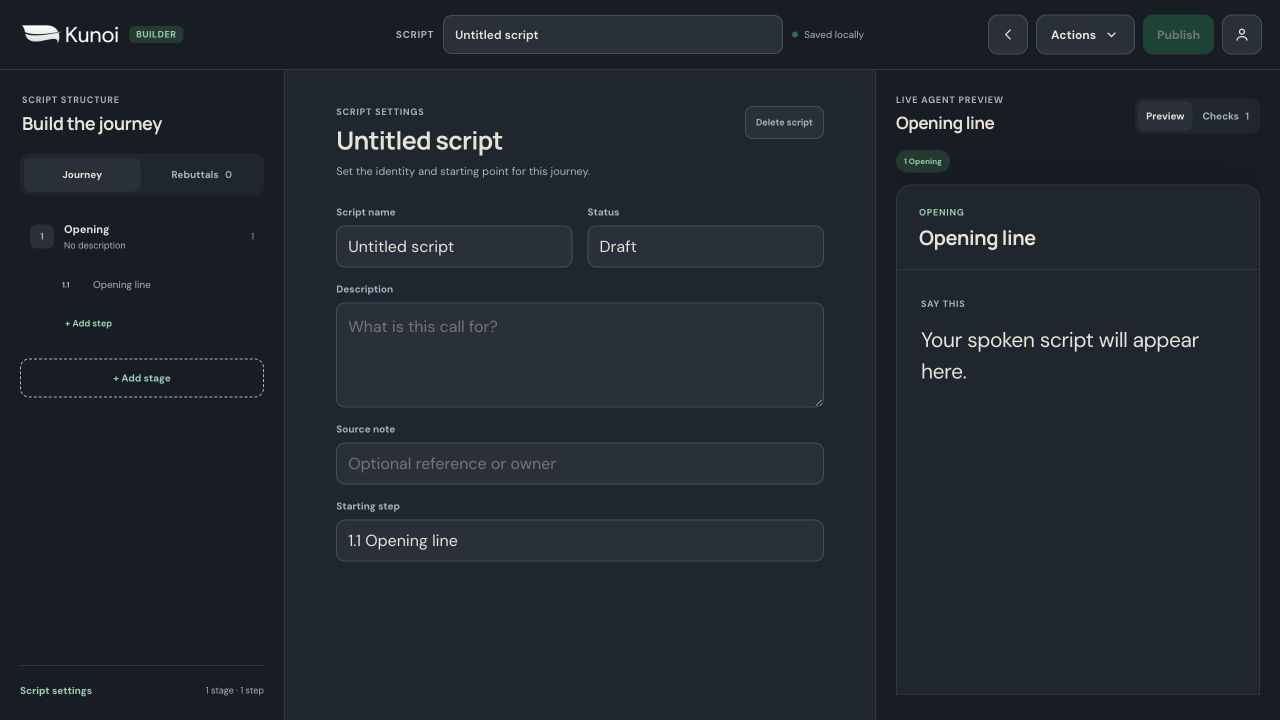 Kunoi script builder with journey structure, script settings, and live preview