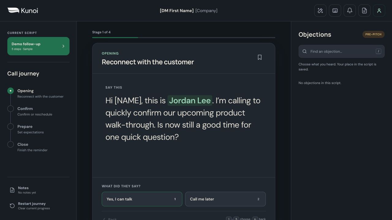Kunoi live call workspace showing the call journey, spoken script, response paths, and objections